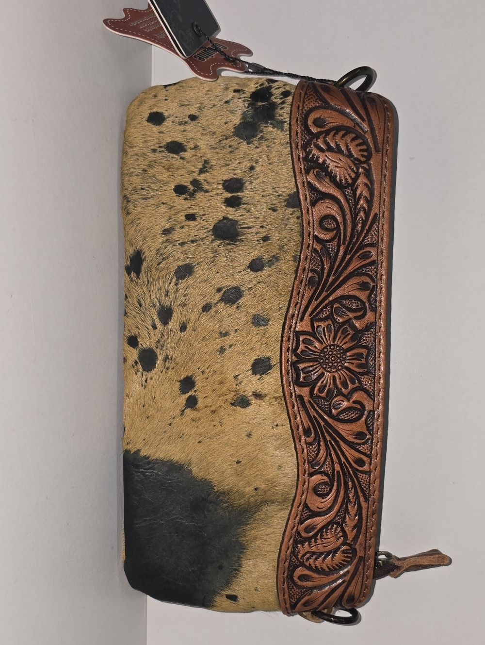 American Darling Brown and Black Cowhide Wristlet with Tooled Leather Accent